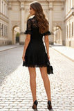 Lace Short Slleeve Little Black Dress with Ruffles