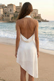 Halter Satin High Low Mini White Dress with Slit