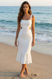 Mermaid Cut Out Midi White Dress with Ruffles