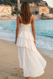 A Line High Low Lace White Dress with Ruffles