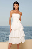 Strapless Tiered Midi White Dress with Bow