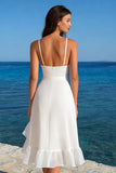 A Line Midi White Graduation Dress with Ruffles
