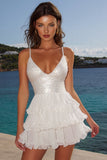 Sparkly A Line Tiered Mini White Graduation Dress