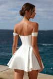 Off the Shoulder Satin A Line Mini White Graduation Dress