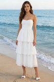 Tiered Strapless White Midi Engagement Dress