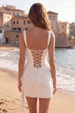 Square Neck Bodycon Mini White Dress with Ruffles