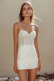 Sparkly Corset Spaghetti Straps Mini White Dress