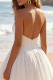 A Line Ruched Strapless Mini White Dress