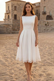 Bateau Neck A Line Midi White Dress with Lace