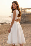 Bateau Neck A Line Midi White Dress with Lace