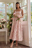 Blush Floral A Line Square Neck Brocade Wedding Guest Dress