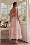 Blush Floral A Line Square Neck Brocade Wedding Guest Dress