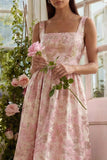 Blush Floral A Line Square Neck Brocade Wedding Guest Dress