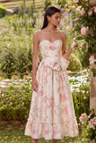 Pink Floral Strapless Bowed A Line Wedding Guest Dress