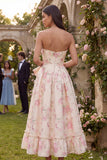Pink Floral Strapless Bowed A Line Wedding Guest Dress