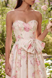 Pink Floral Strapless Bowed A Line Wedding Guest Dress
