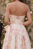 Pink Floral Strapless Bowed A Line Wedding Guest Dress