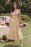 Yellow Floral Off the Shoulder A Line Wedding Guest Dress