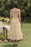 Yellow Floral Off the Shoulder A Line Wedding Guest Dress