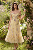 Yellow Floral Off the Shoulder A Line Wedding Guest Dress