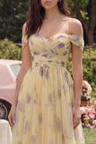 Yellow Floral Off the Shoulder A Line Wedding Guest Dress