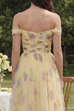 Yellow Floral Off the Shoulder A Line Wedding Guest Dress