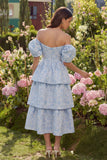 Blue Tiered Floral Off the Shoulder Wedding Guest Dress