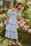 Blue Tiered Floral Off the Shoulder Wedding Guest Dress
