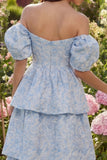 Blue Tiered Floral Off the Shoulder Wedding Guest Dress
