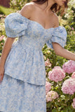 Blue Tiered Floral Off the Shoulder Wedding Guest Dress