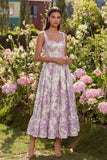 Purple Floral A Line Brocade Corset Wedding Guest Dress