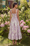 Purple Floral A Line Brocade Corset Wedding Guest Dress