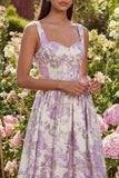 Purple Floral A Line Brocade Corset Wedding Guest Dress