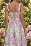 Purple Floral A Line Brocade Corset Wedding Guest Dress