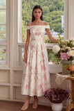 White Floral Off the Shoulder A Line Wedding Guest Dress