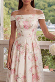 White Floral Off the Shoulder A Line Wedding Guest Dress