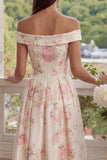 White Floral Off the Shoulder A Line Wedding Guest Dress