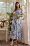 Off the Shoulder A Line Floral Blue Wedding Guest Dress