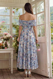 Off the Shoulder A Line Floral Blue Wedding Guest Dress