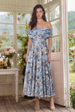 Off the Shoulder A Line Floral Blue Wedding Guest Dress