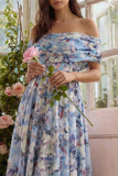Off the Shoulder A Line Floral Blue Wedding Guest Dress