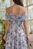 Off the Shoulder A Line Floral Blue Wedding Guest Dress