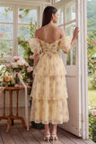 Off the Shoulder Tiered Yellow Floral Ruched Wedding Guest Dress
