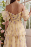 Off the Shoulder Tiered Yellow Floral Ruched Wedding Guest Dress