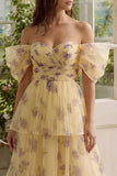 Off the Shoulder Tiered Yellow Floral Ruched Wedding Guest Dress