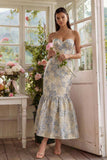 Strapless Brocade Dusty Blue Mermaid Wedding Guest Dress