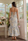 Strapless Brocade Dusty Blue Mermaid Wedding Guest Dress