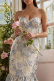 Strapless Brocade Dusty Blue Mermaid Wedding Guest Dress