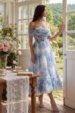 Blue Floral Off the Shoulder Corset A Line Wedding Guest Dress