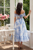 Blue Floral Off the Shoulder Corset A Line Wedding Guest Dress